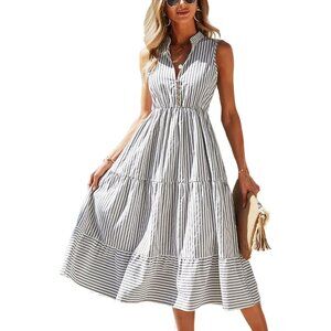 Women’s Summer Sleeveless Stripe V-Neck Midi Dress Casual Office Vacation